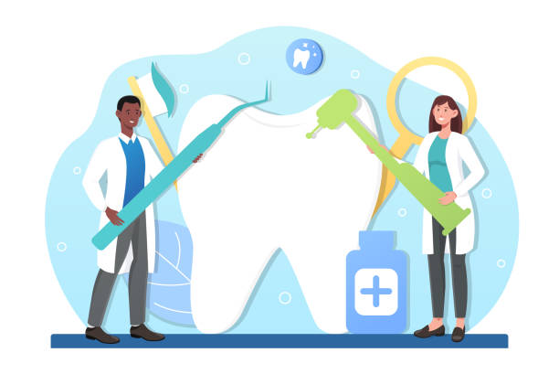 Male and female dentists curing tooth together. Smiling dentists are standing with special equipment together to heal big tooth as a team. Concept of medical teamwork. Flat cartoon vector illustration